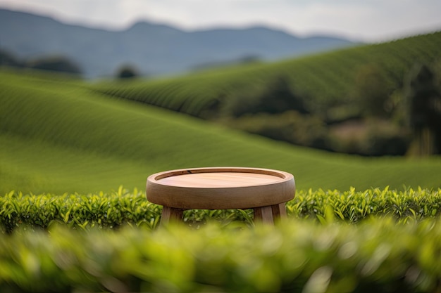 Podio rotondo in legno con display del prodotto sullo sfondo del paesaggio del campo del tè verde generato dall'intelligenza artificiale