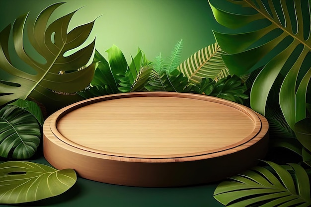 Podio rotondo in legno vuoto per l'esposizione del prodotto su sfondo verde foglie tropicali IA generativa