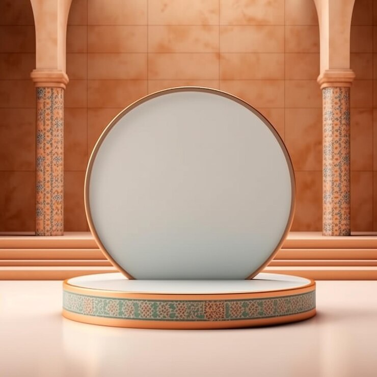 podio rotondo per la presentazione di prodotti all'interno di una moderna moschea decorazioni a disegno islamico