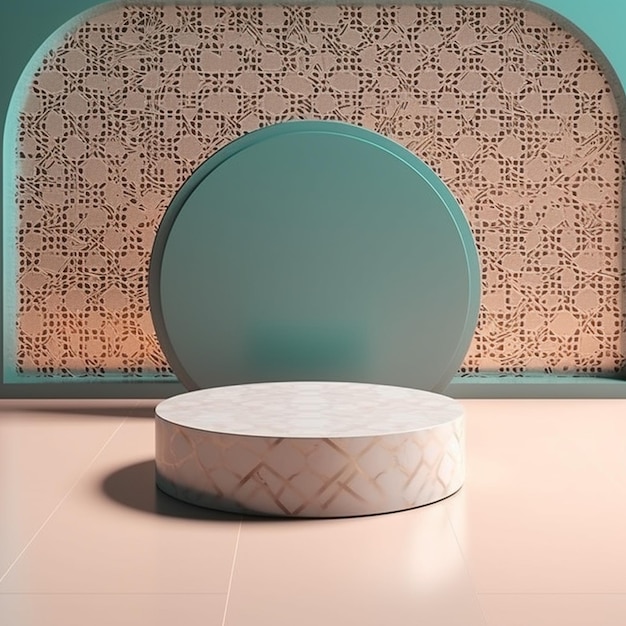 podio rotondo per la presentazione di prodotti all'interno di una moderna moschea decorazioni a disegno islamico