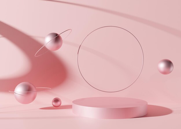 Podio rotondo rosa con sfere, anelli e ombre su sfondo rosa Elegante podio per la presentazione di prodotti cosmetici Mock up Piedistallo o piattaforma per prodotti di bellezza Rendering 3D di scena vuota