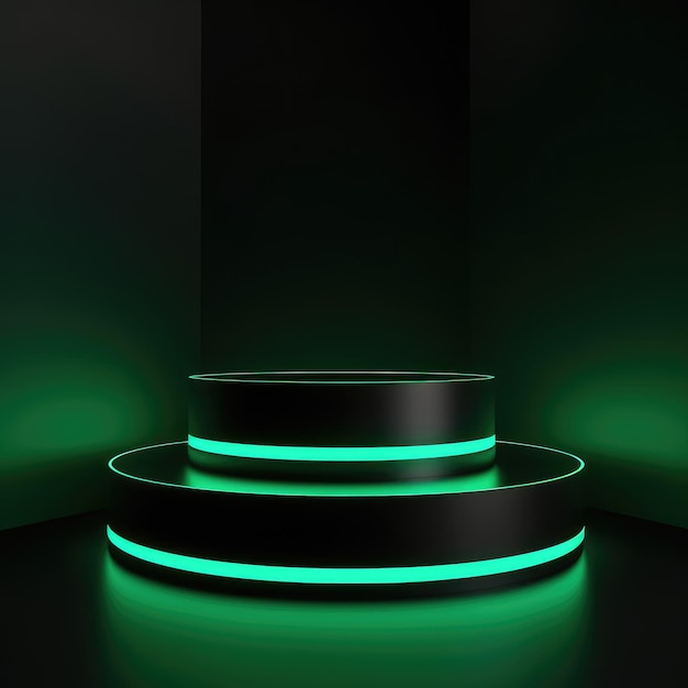 Podio rotondo verde e sfondo nero per mockup