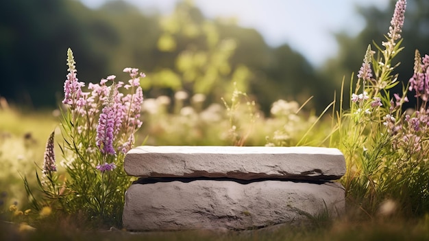 Podio rustico in pietra in un prato di fiori selvatici