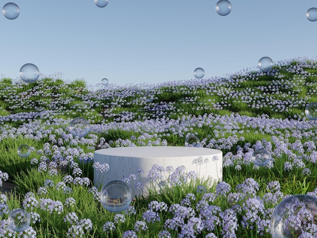 Podio sul campo di fiori viola naturale con illustrazione di rendering 3D a bolle