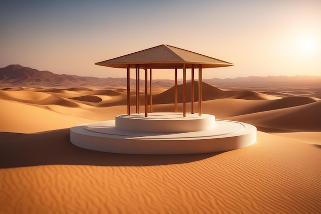 Podio sul display dello sfondo del deserto con ombrellone e ombra sullo sfondo