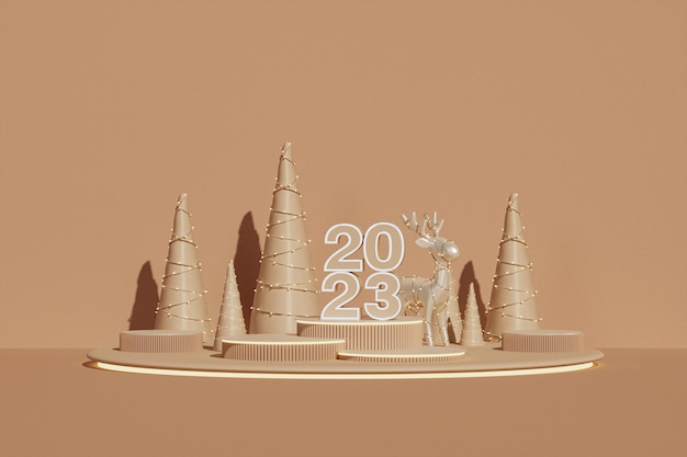 Podio sul palco con decorazioni natalizie in oro su sfondo beige. Numeri 3D 2023 Felice anno nuovo.