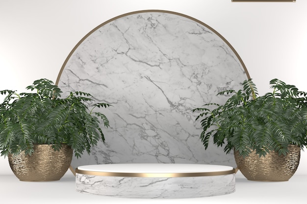 Podio tropicale bianco geometrico e decorazione di piante su sfondo bianco .3D rendering