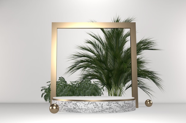 Podio tropicale bianco geometrico e decorazione di piante su sfondo bianco .3D rendering