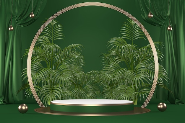 Podio tropicale verde del granito geometrico e decorazione delle piante su fondo nero .3D rendering
