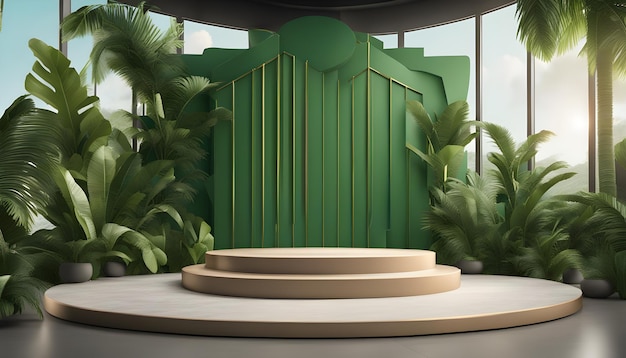 Podio verde in moderno sfondo tropicale per il rendering 3d del posizionamento del prodotto