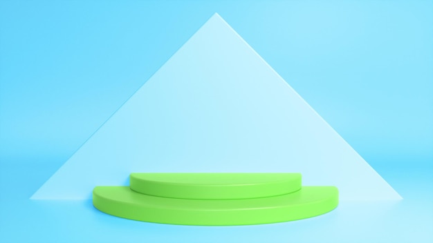Podio verde lucido su sfondo triangolare astratto blu Foto Premium