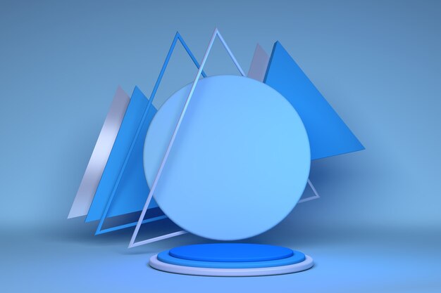 Podio vuoto 3D con forme geometriche in composizione argento blu con sfera triangolare per la visualizzazione del palcoscenico moderno e sfondo astratto minimalista della vetrina Illustrazione 3d o rendering 3d di concetto