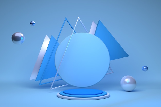 Podio vuoto 3D con forme geometriche nella composizione blu con sfera triangolare per la moderna visualizzazione sul palco e sfondo minimalista astratto vetrina Illustrazione 3d o rendering 3d