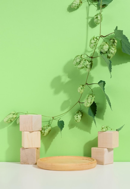 Podio vuoto rotondo in legno e cubi di legno con rami e foglie verdi su un tavolo bianco