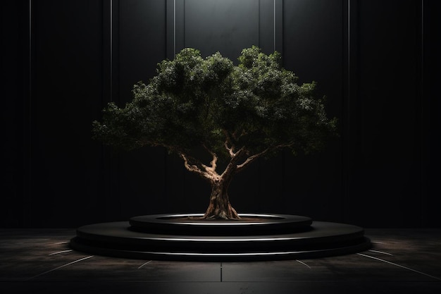 Podium 3D vuoto sullo sfondo di una stanza nera con un albero in studio