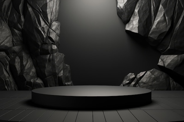 Podium a cerchio di marmo nero su sfondo nero