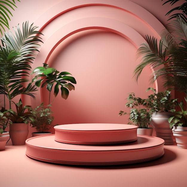 Podium a cerchio rosa 3d con sfondo moderno e decorazione vegetale