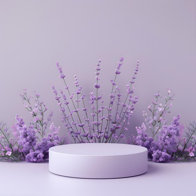 Podium bianco con fiori viola su sfondo viola