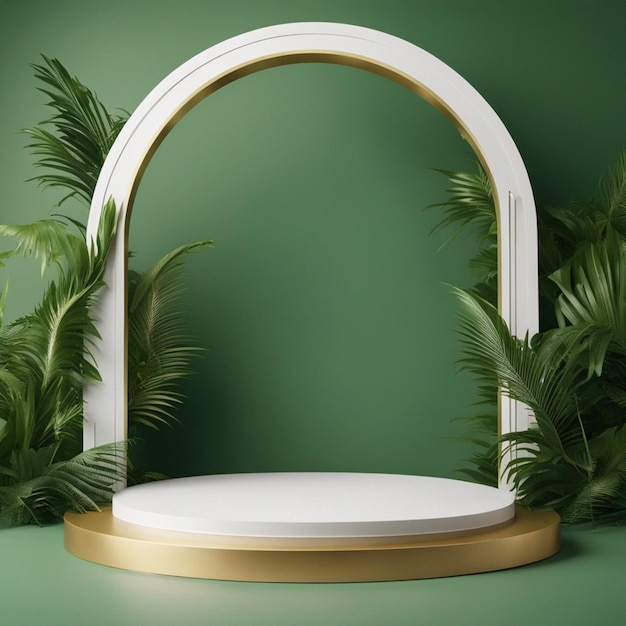 Podium bianco con foglie di palma tropicale verde e un arco rotondo dorato su uno sfondo verde