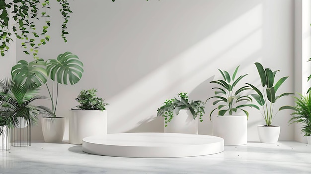 Podium bianco con piante verdi su sfondo bianco rendering 3D