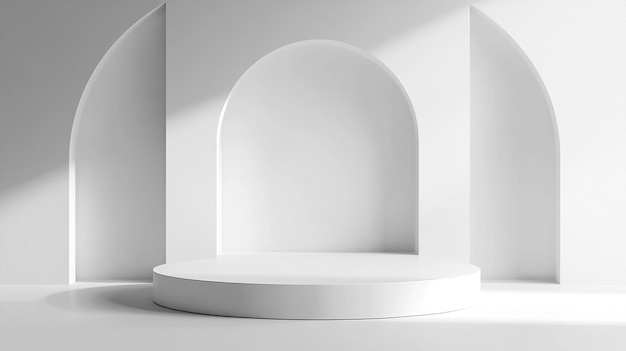 Podium bianco minimalista con sfondo ad arco