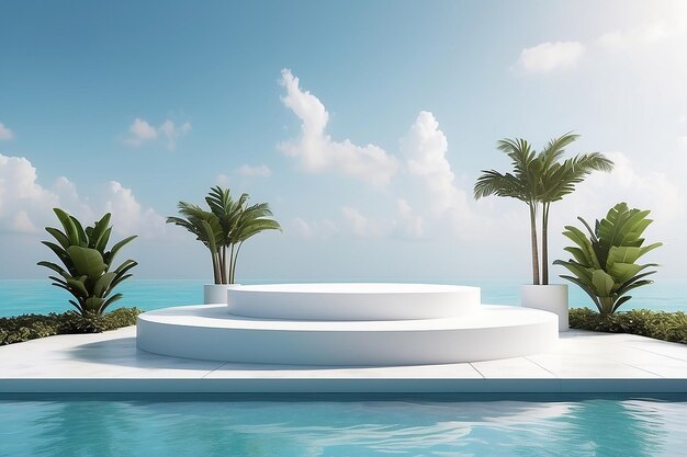 Podium bianco minimo sul fondo della piscina prodotti visualizzazione 3D