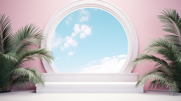 Podium bianco nella stanza con palme e cielo blu rendering 3D