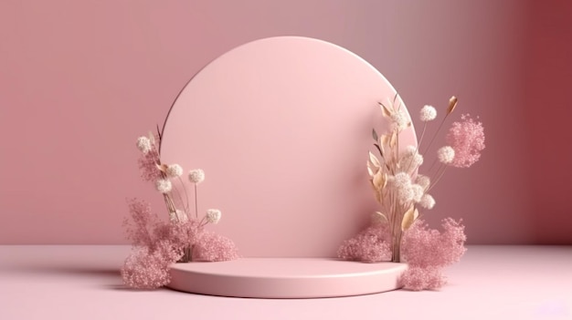Podium bianco rosa con fiore su sfondo rosa palco di presentazione del prodotto