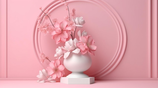 Podium bianco rosa con fiore su sfondo rosa palco di presentazione del prodotto