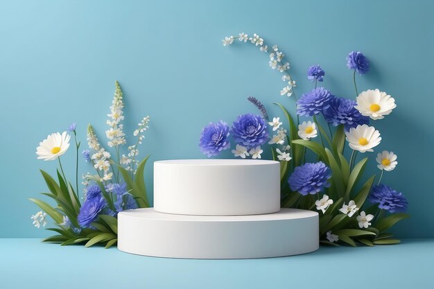 Podium blu prodotto di fiori tavola primavera stand di bellezza esposizione bianco