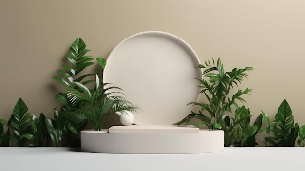 Podium cilindrico di marmo bianco con sfondo bianco decorato da palme monstera lascia la scena stage mockup vetrina per la vendita di prodotti banner sconto presentazione cosmetica