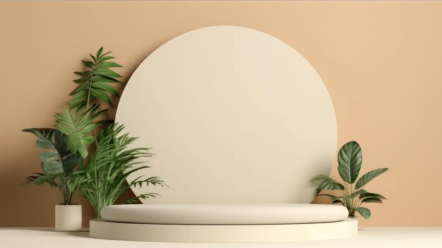 Podium cilindrico di marmo bianco con sfondo bianco decorato da palme monstera lascia la scena stage mockup vetrina per la vendita di prodotti banner sconto presentazione cosmetica