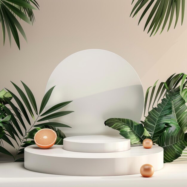 Podium con una pianta tropicale sullo sfondo per il branding di modelli di cosmetici e prodotti di bellezza