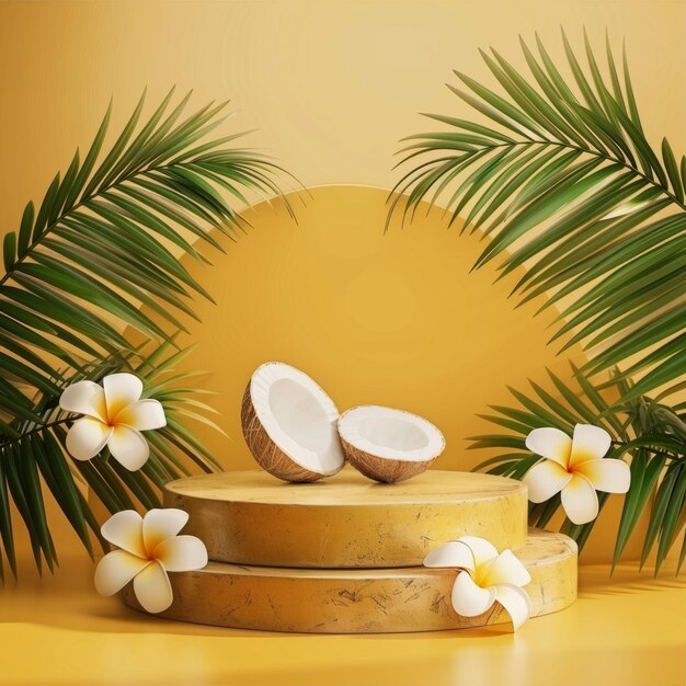 Podium con una pianta tropicale sullo sfondo per il branding di modelli di cosmetici e prodotti di bellezza