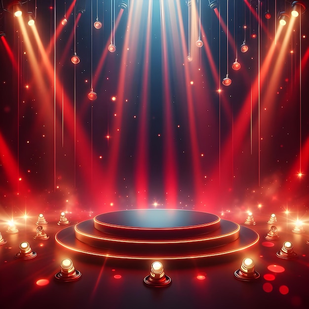 Podium del palco con illuminazione Scena del podio del palco per la cerimonia di premiazione su sfondo rosso