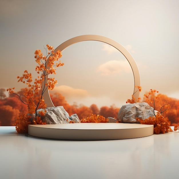 Podium di esposizione 3D autunnale con pietra e albero