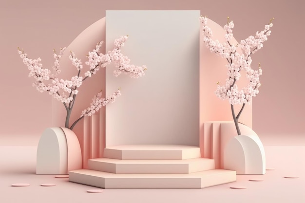 Podium di esposizione di prodotti di fiori di ciliegio primaverili per prodotti naturali scena vuota con gene del ramo di sakura