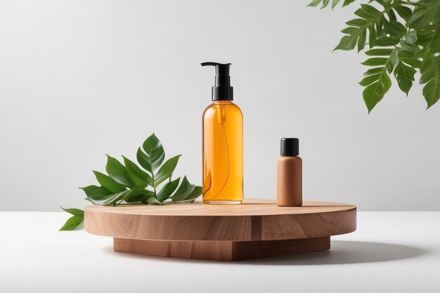 Podium di esposizione di prodotti in legno con foglie di natura bottiglia di cosmetici su sfondo bianco