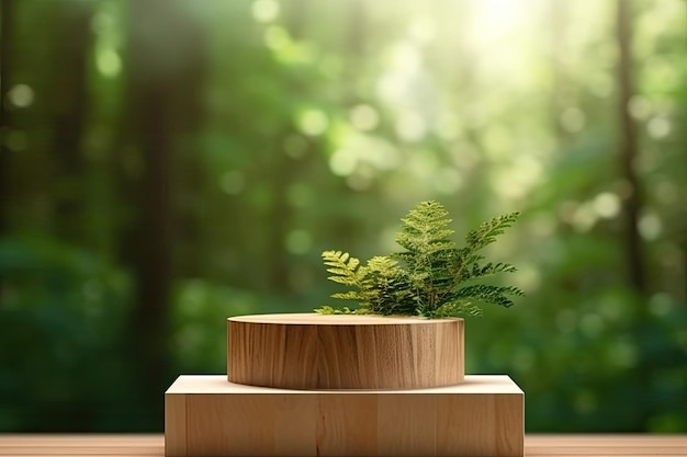 Podium di esposizione di prodotti in legno con foglie di natura sfocate su sfondo verde rendering 3D