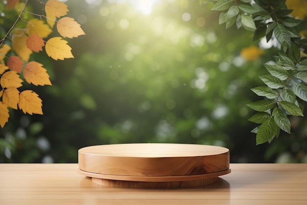 Podium di esposizione di prodotti in legno con foglie di natura sfocate sullo sfondo generativo ai