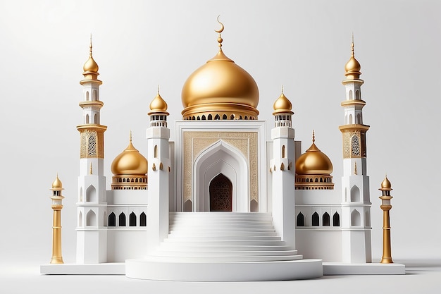 Podium di esposizione di prodotti islamici realistici con porta della moschea e minareti dorati su sfondo bianco