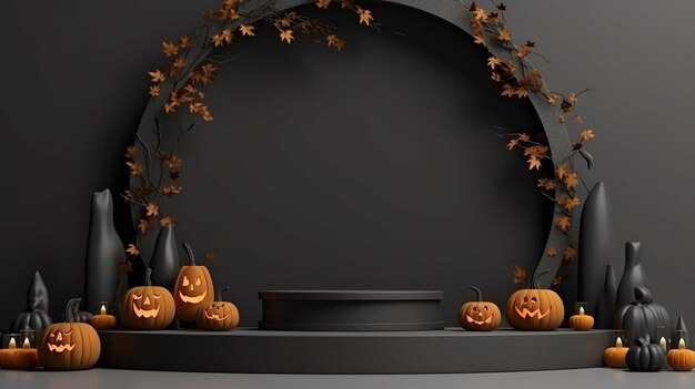 Podium di Halloween 3D con sfondo di zucca per la presentazione del prodotto palcoscenico nero scuro
