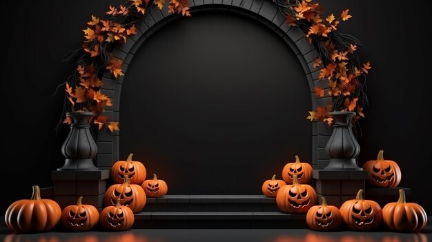 Podium di Halloween 3D con sfondo di zucca per la presentazione del prodotto palcoscenico nero scuro