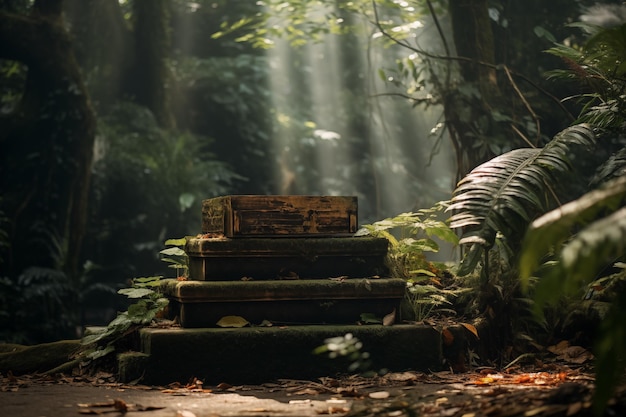 Podium di legno nella luce mistica della foresta