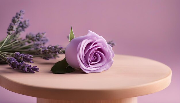 Podium di legno vuoto con lavanda e rosa come sfondo