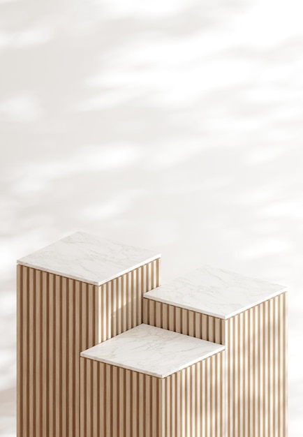 Podium di lusso in stile minimale con lastre di legno e rivestimento in marmo bianco