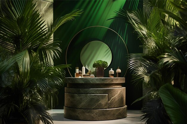 Podium di pietra naturale a ombra di foglia di palma sul retro verde
