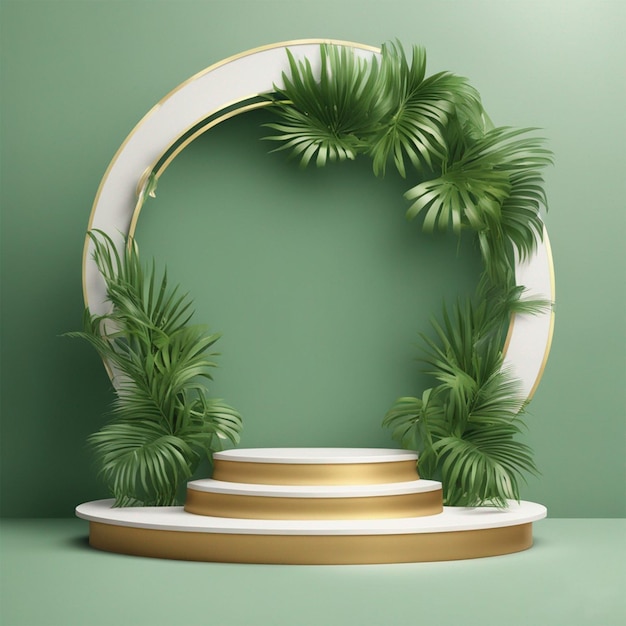 Podium di prodotto bianco vettoriale con foglie di palma tropicale verdi e arco rotondo dorato