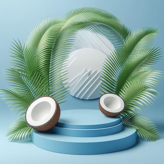 Podium di prodotto blu realistico con foglie di cocco, foglia di palma ad arco rotondo