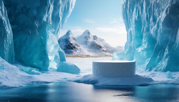 Podium di prodotto invernale sullo sfondo di flocchi di neve e neve e iceberg di montagna congelati